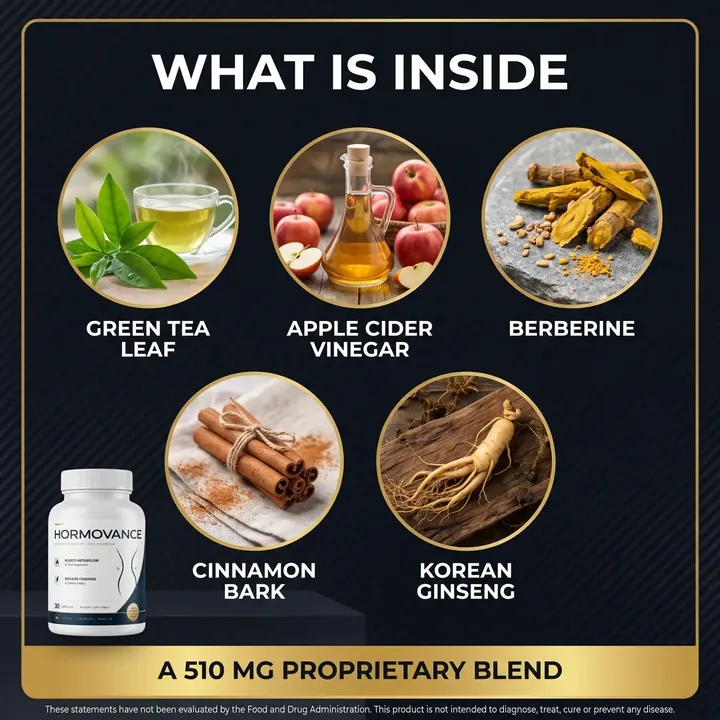 Hormovance ingredients: green tea leaf, apple cider vinegar, berberine, cinnamon bark and Korean ginseng